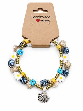Handmade Coastal Beaded Bracelet Set Daisy Shell Charm 2 Piece